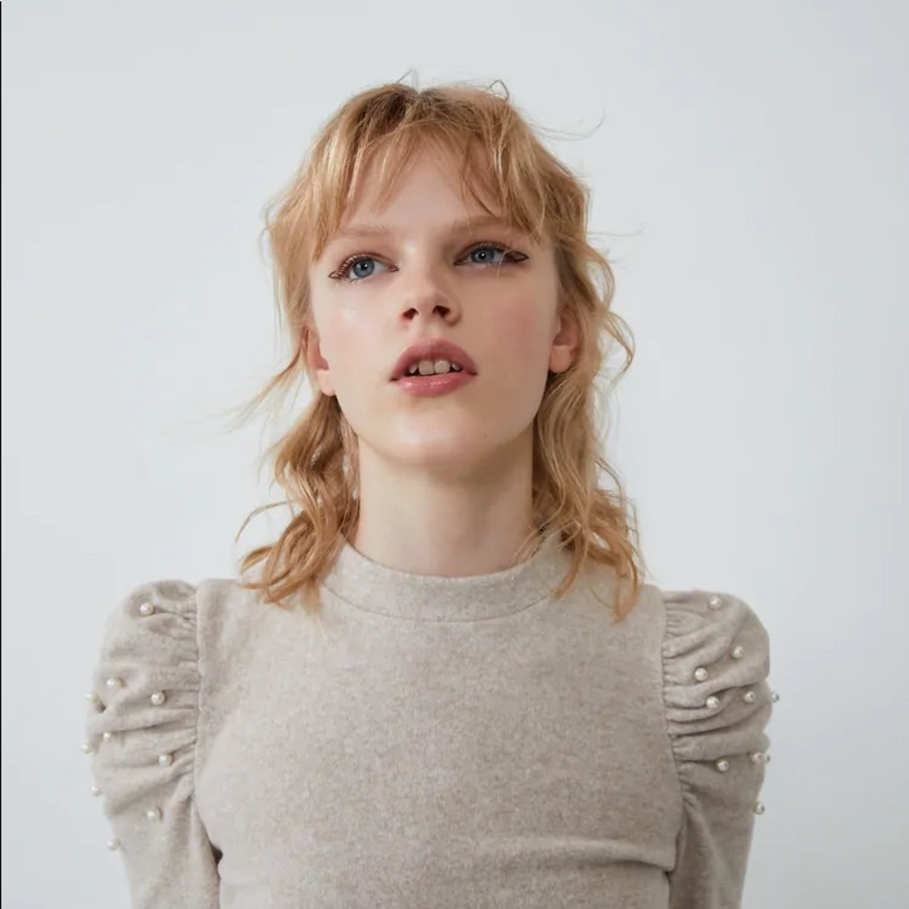 Zara Soft-Touch Sweatshirt Puff Sleeves Pearls